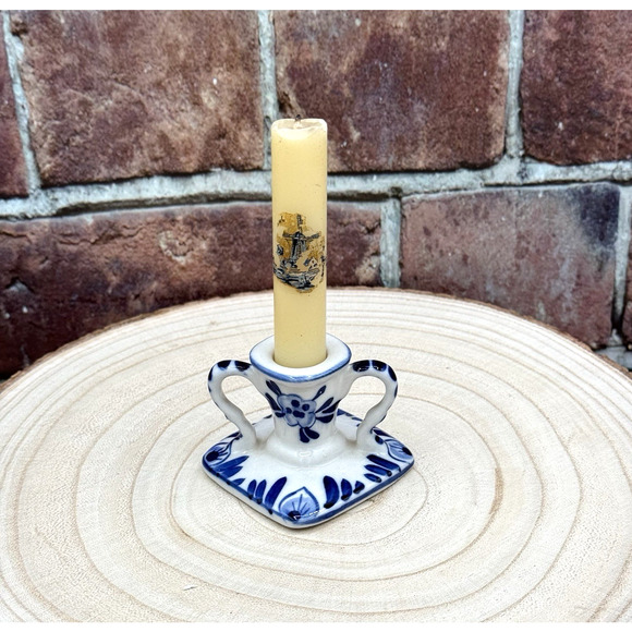 Vtg Mini Handpainted Delft Blue Ceramic Taper Candlestick Holder DBL Crown Mark - Picture 1 of 7